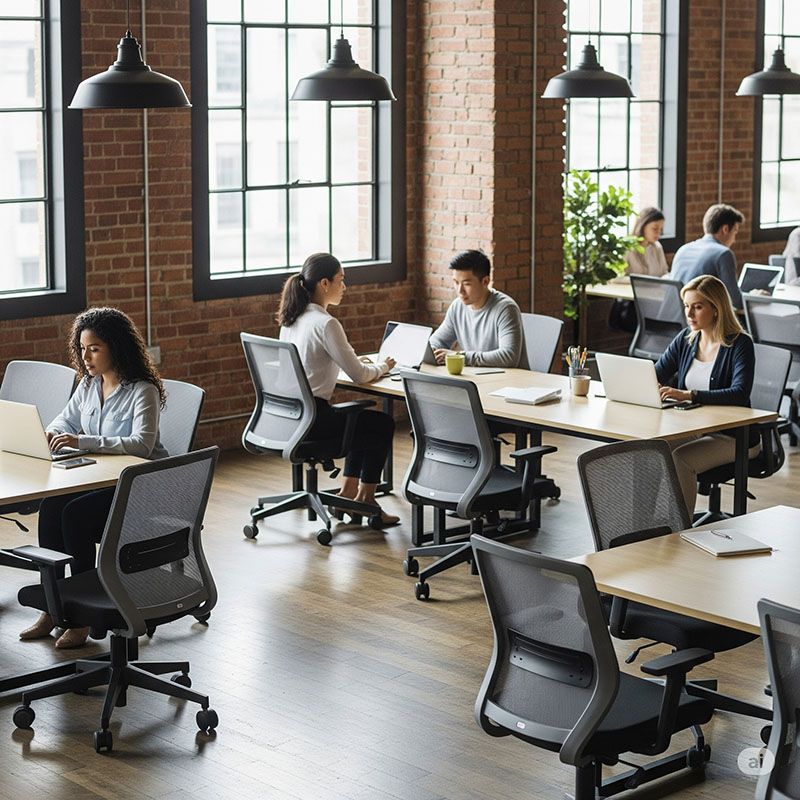 Không gian co-working space với ghế xoay lưới