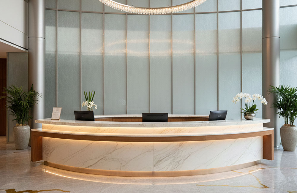 Phối cảnh bàn quầy lễ tân hình cánh cung