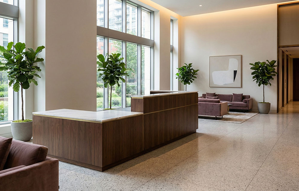 Phối cảnh bàn quầy chữ L sảnh khách sạn