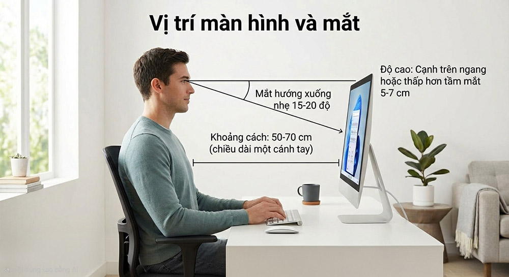 Tư thế ngồi máy tính đúng không mỏi cổ, mắt